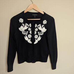 J.Crew 100% Merino Wool Cardigan Black Embroidered Bird Floral Sweater Small